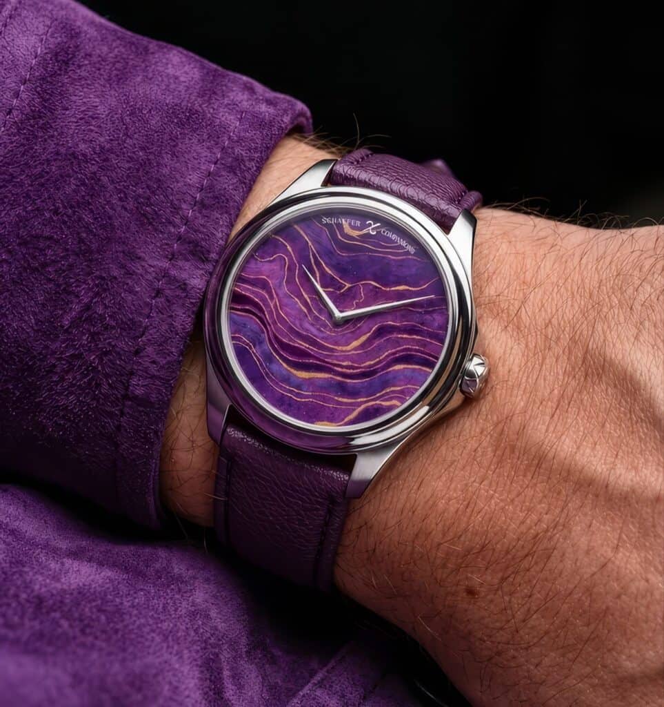 Unfinished Man watch with a purple Rizière dial and matching purple leather strap on a person's wrist.