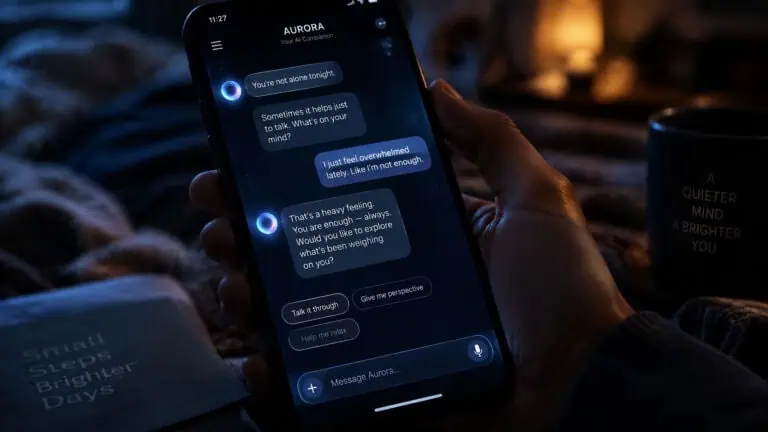 Close-up of a smartphone screen displaying a dim, intimate chat message in a dark bedroom setting, with a mug and blanket in the background to convey a private moment.