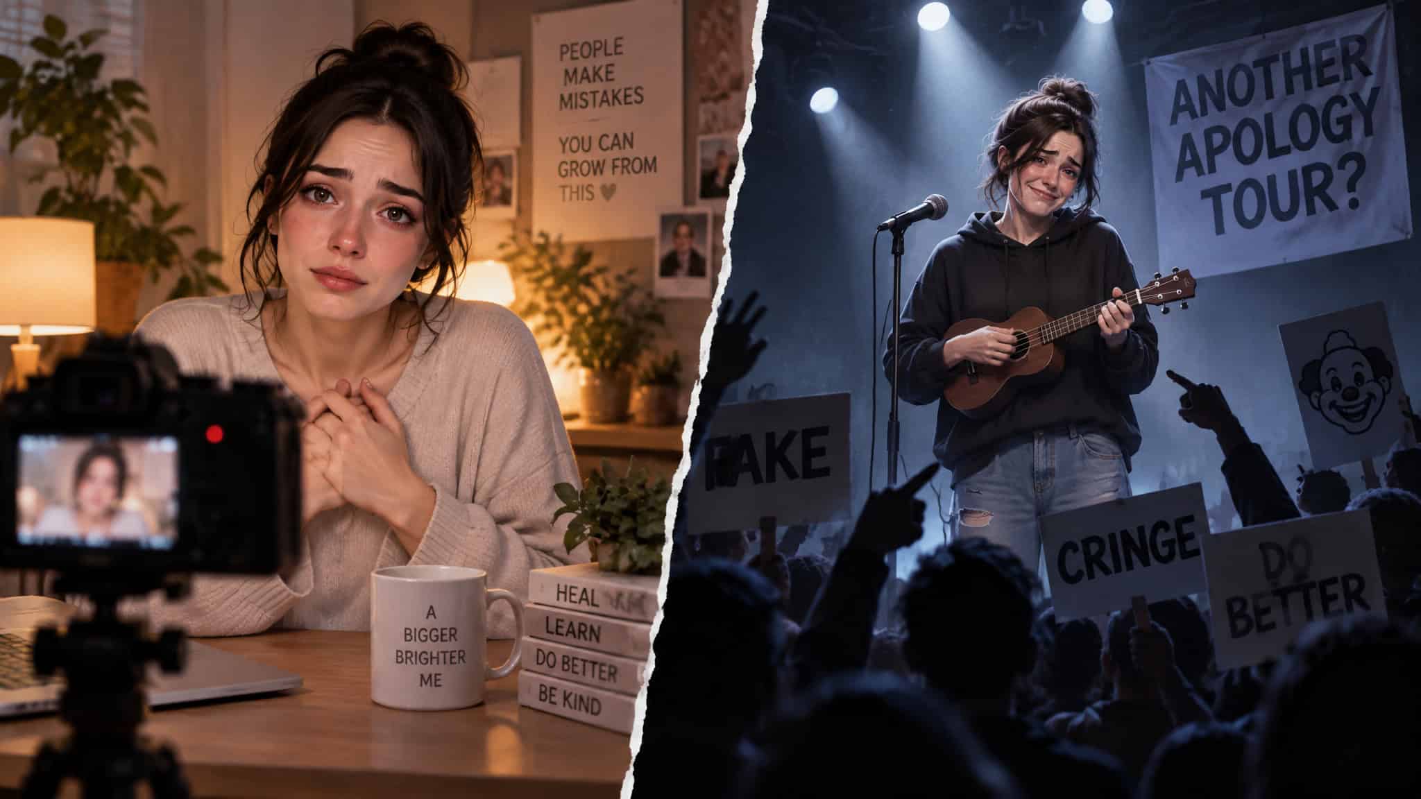 Famous Influencer Scandals and What Happened After: 12 Verified Endings 5 Influencer apology formats compared showing sincere accountability video versus mocked ukulele response