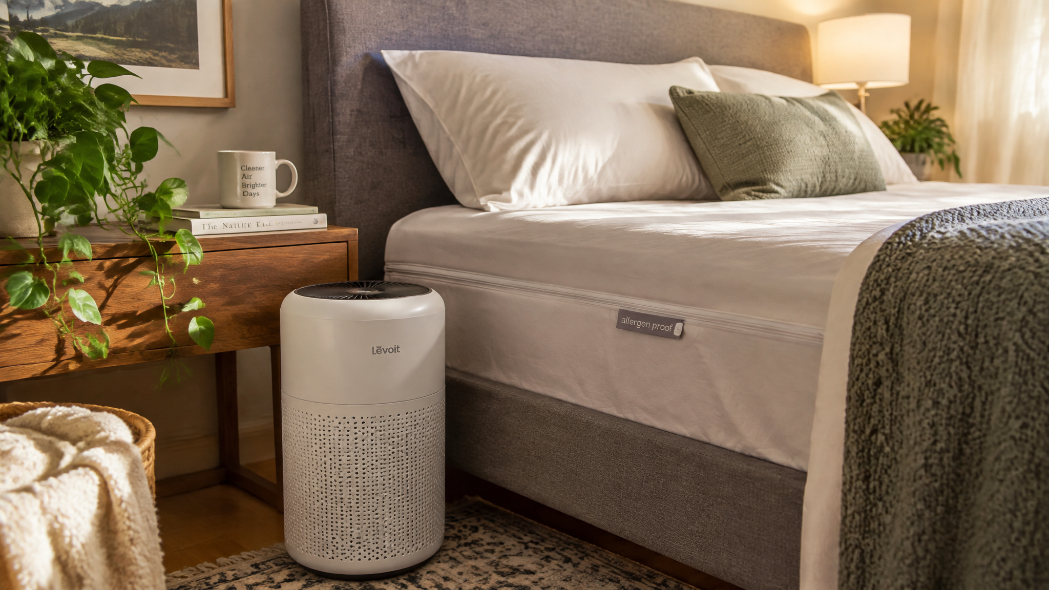 How to Improve Indoor Air Quality at Home — Starting With the Gas Stove Most Guides Ignore 2 Bedroom air purifier next to a bed with dust-mite allergen-proof mattress covers