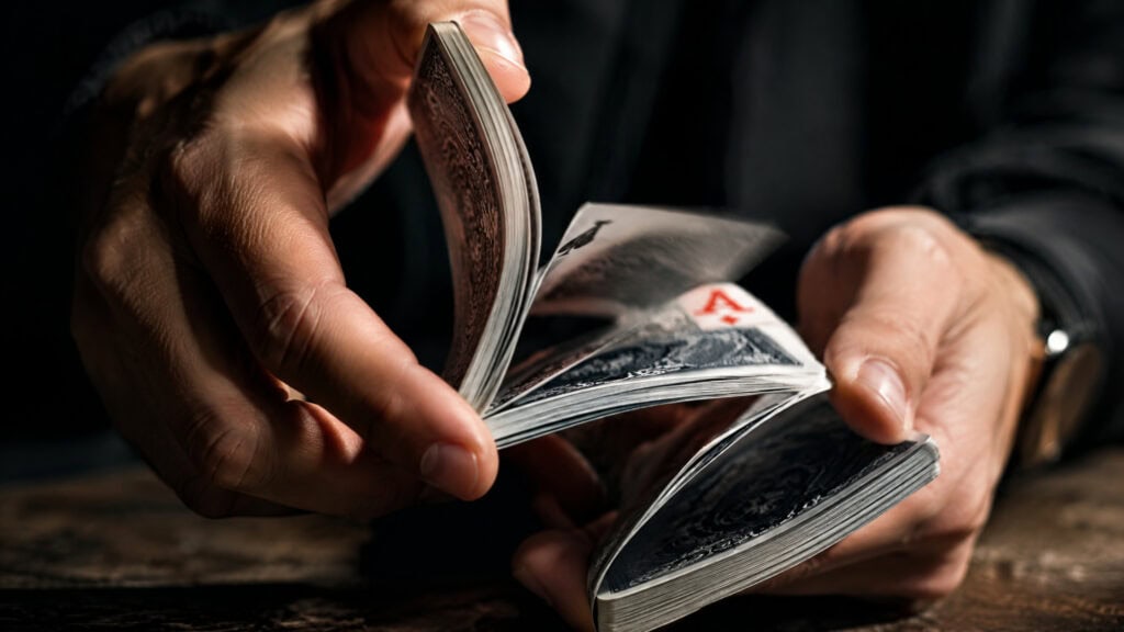 Close-up of hands fanning a deck of playing cards on a wooden table, capturing motion and texture.