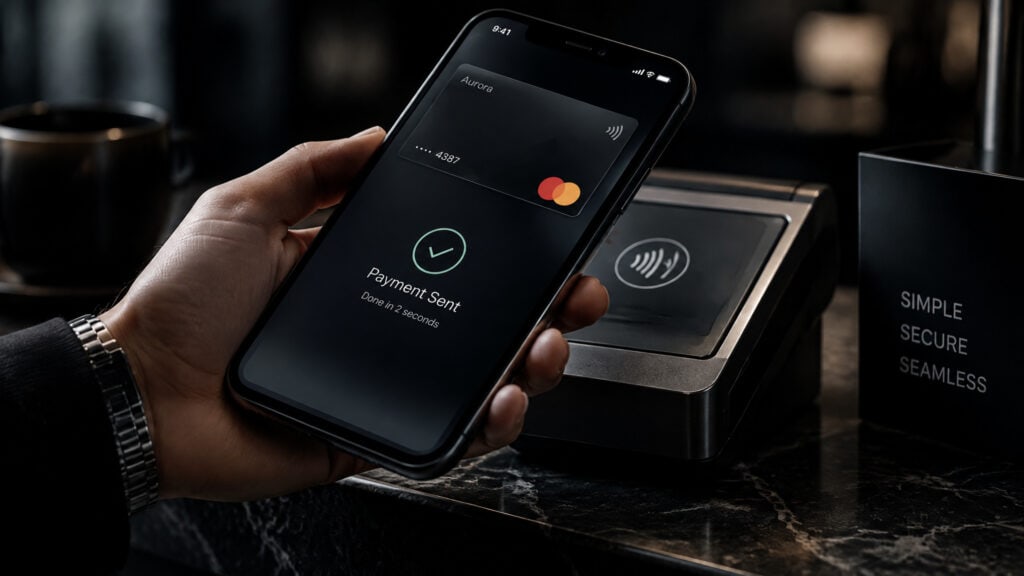 Close-up of a person hand holding a smartphone showing a successful payment sent notification at a card reader terminal.