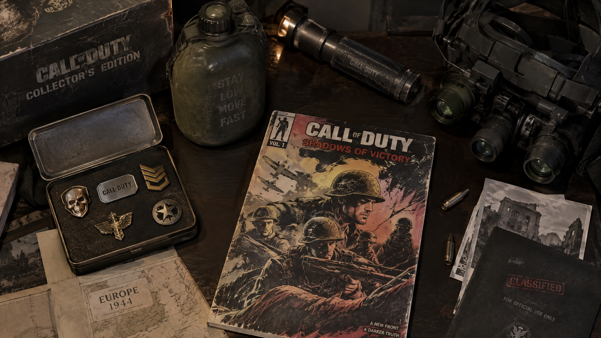 Call of Duty Gift Ideas for Him: Headsets Matched to His Console, Not a Generic Gadget 4 Call of Duty collector's editions unboxed with pins, canteen, and night vision goggles