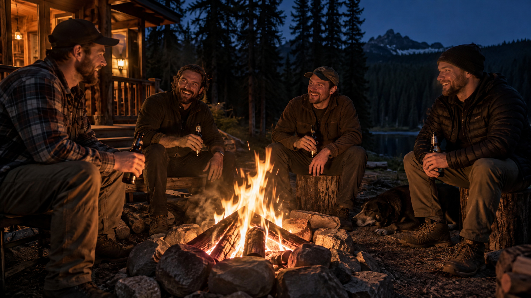 Alberta Guys Trip Ideas: From a Ripped Raft on the Pembina to Sleeping in a Train Caboose 4 Friends around a campfire at an Alberta cabin showing the adventure plus downtime guys trip formula