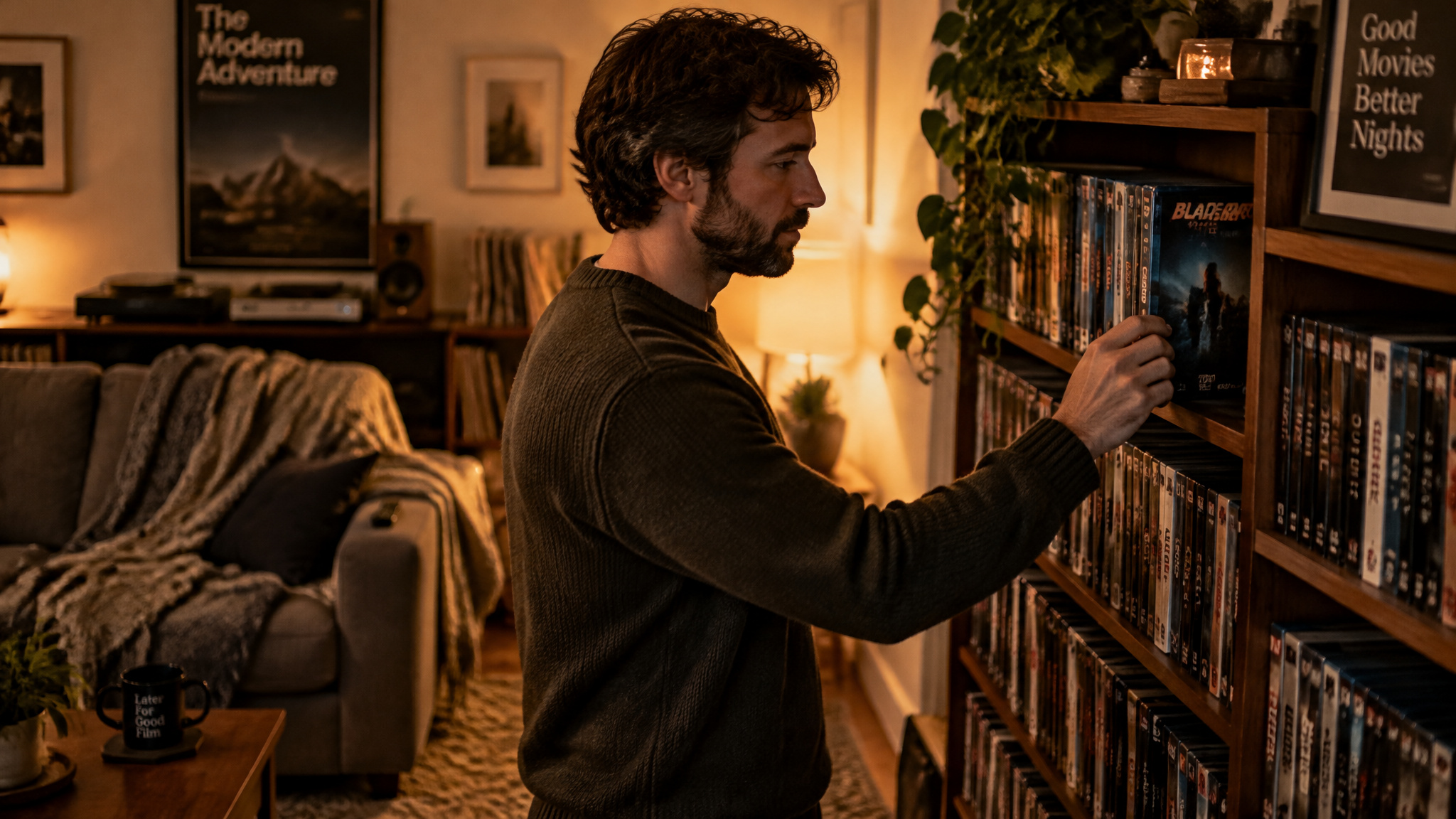 Man choosing a comfort movie matched to his mood, from escapist picks to a scheduled cry