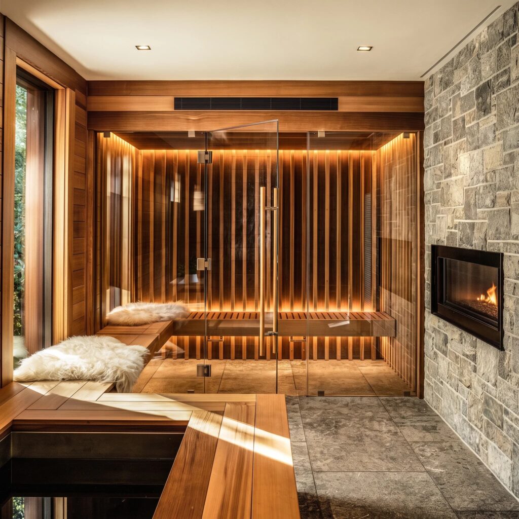 Luxurious infrared sauna with wooden interior, glass door, and stone wall, designed for home relaxation and wellness.