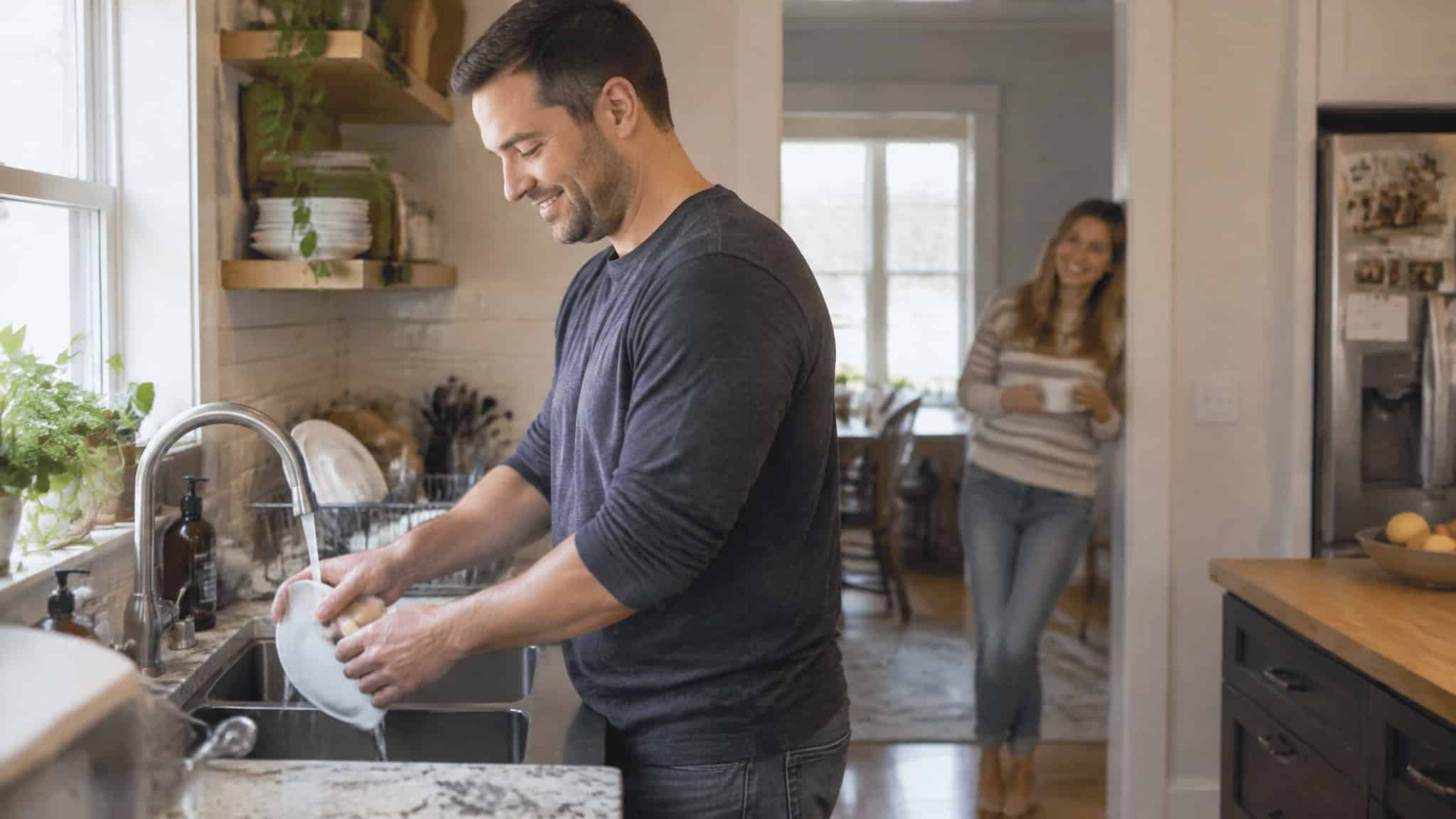 Husband doing daily chores proactively, small daily habits that keep a wife happy