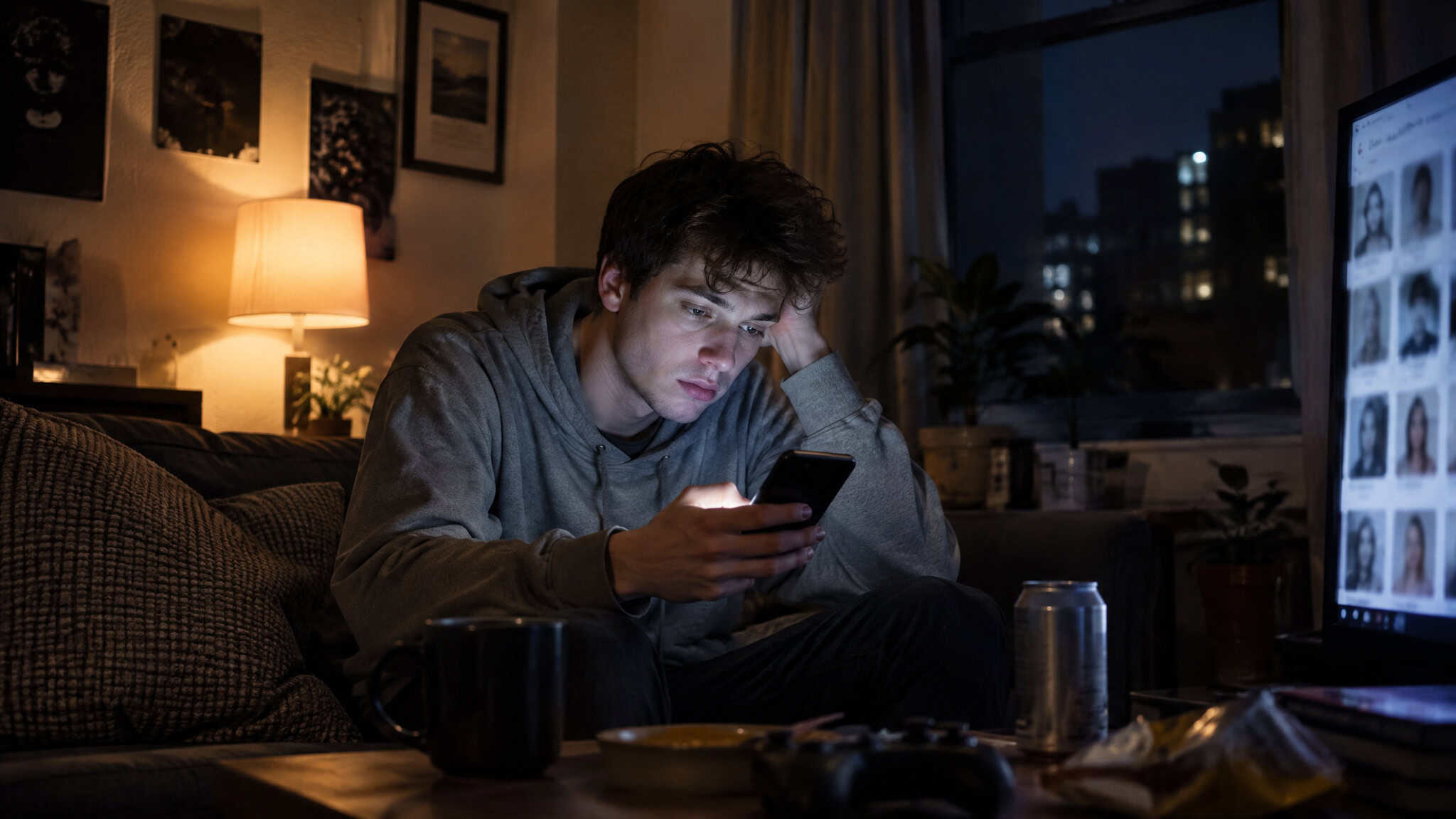 Why Do Men Not Want Relationships Anymore? The Data Says It's Hopelessness, Not Choice 2 Tired man swiping through dating app profiles late at night, showing why apps feel like unpaid work