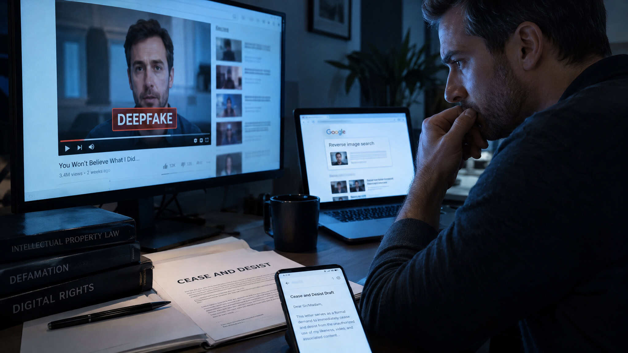 How Influencers Recover From a Viral Scandal: The 6-Step Order That Decides Comebacks 4 Creator tracing a deepfake with reverse image search and filing platform reports for legal remediation