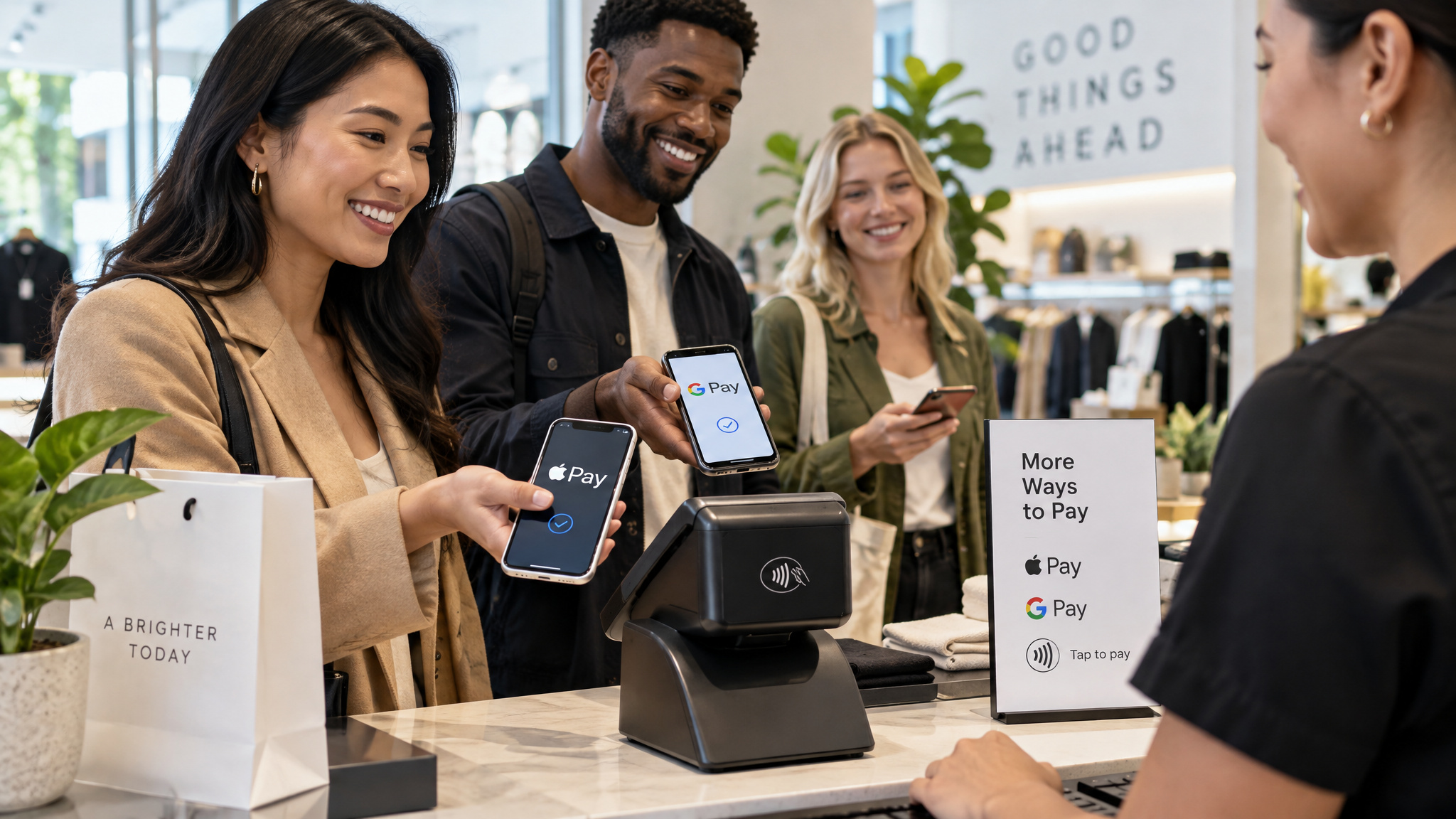 People using device-tied wallets like Apple Pay and Google Pay at a register.