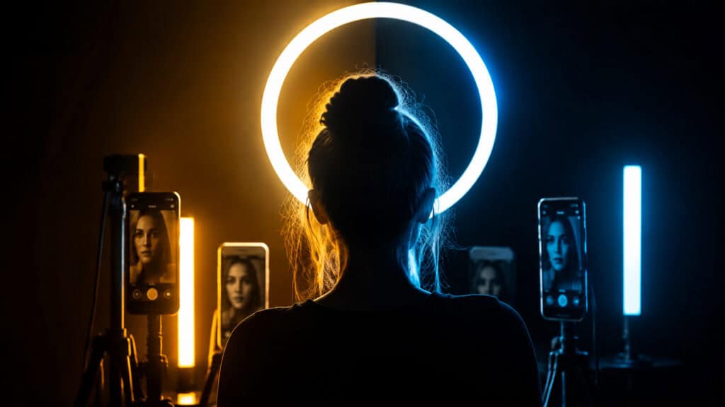 Silhouette of a person taking a photo with a smartphone in front of neon-lit circles and vertical light bars, creating a vibrant and artistic scene.