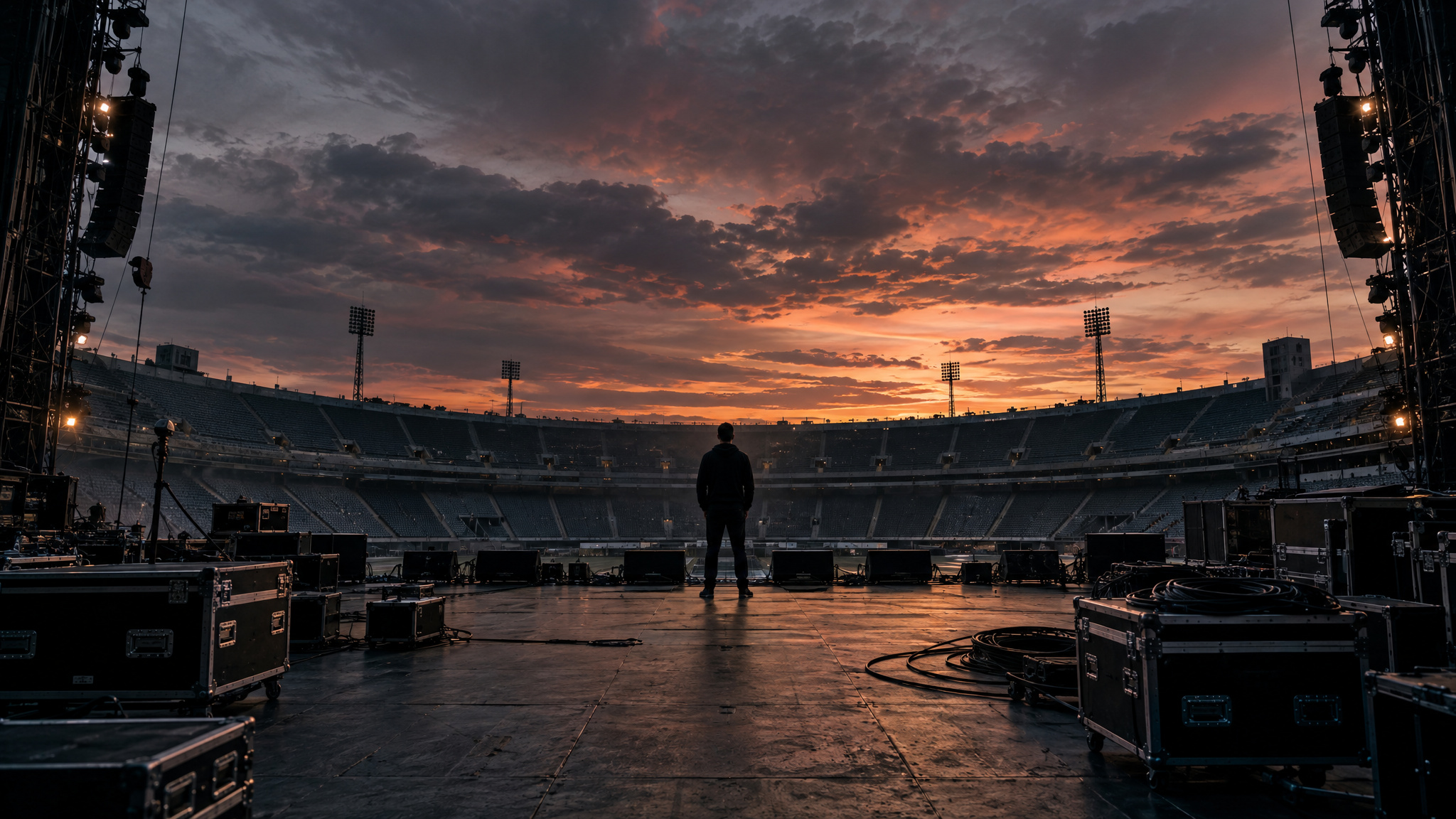 How to Stop Being a Nice Guy: Why Tension Is the Skill Nobody Taught You 3 Empty stadium stage illustrating Ed Sheeran tour trouble and the nice guy pattern at scale