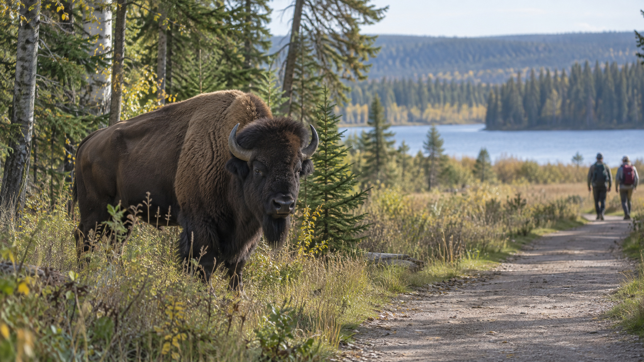 Alberta Guys Trip Ideas: From a Ripped Raft on the Pembina to Sleeping in a Train Caboose 2 Bison near a forest hiking trail on a day hike at Elk Island National Park