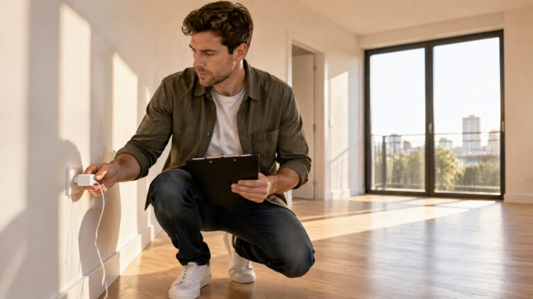 A man crouches on the wooden floor of a modern apartment, plugging in an electrical device with a tablet in his other hand, near large windows with city views.