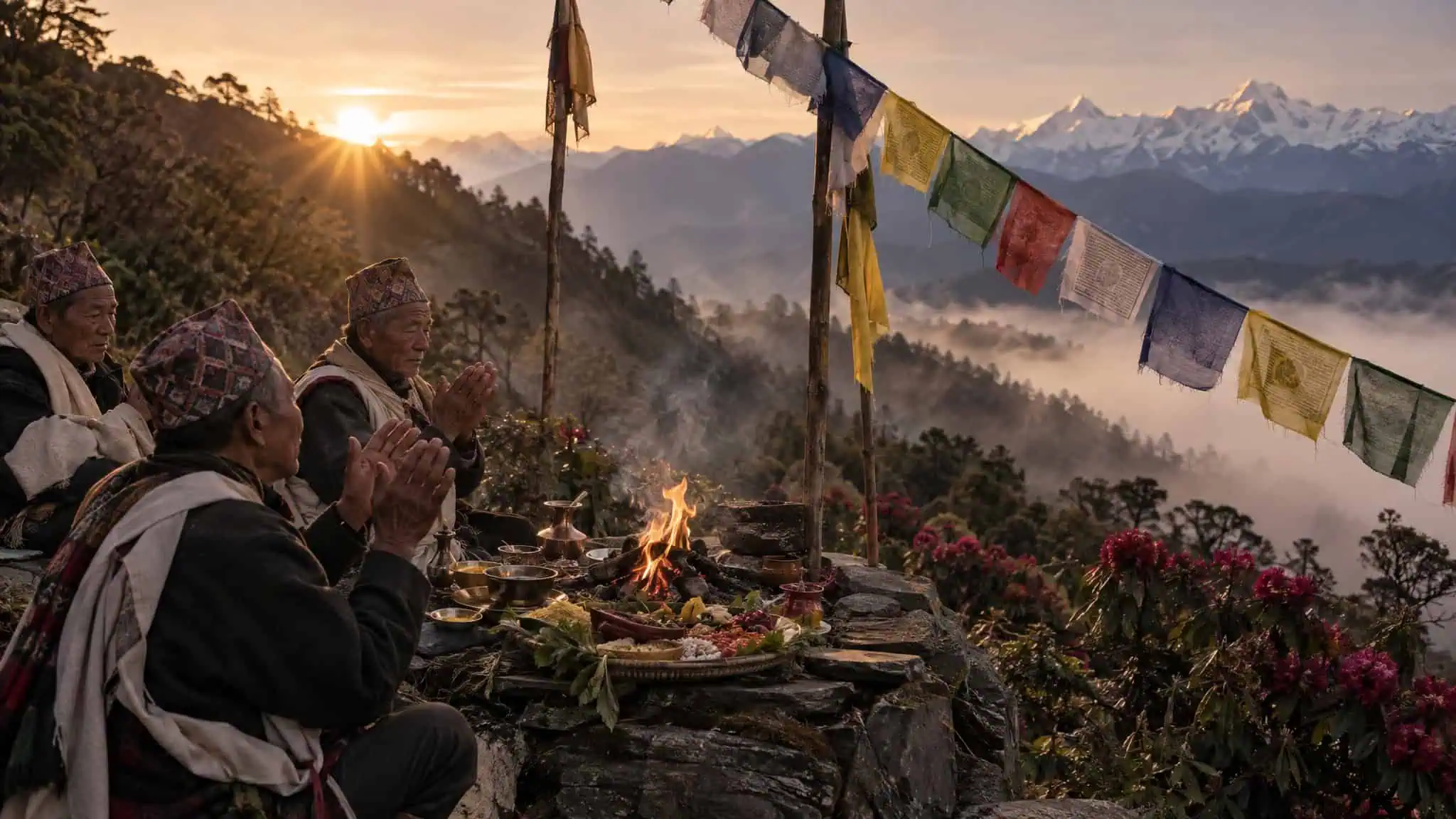 Nepal Himalayan Mad Honey Hunters: The Last Men on the Rope Ladders 3 Group of people performing a prayer ritual on a mountain with prayer flags and scenic mountain range in the background.