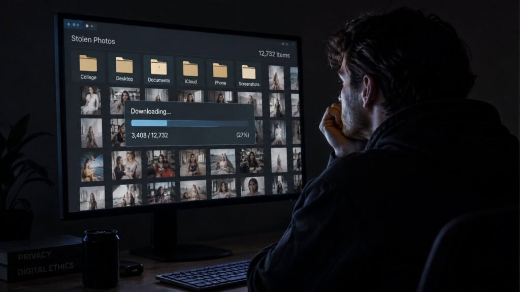 A man is sitting in front of a computer screen displaying a photo gallery with a download progress bar, indicating he is downloading images.
