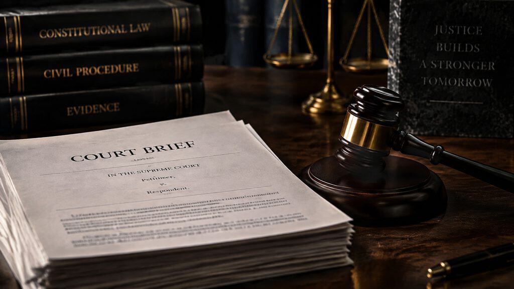Legal courtroom scene with stacked law books, a gavel, and a court brief on a wooden desk, emphasizing constitutional and civil procedure themes.