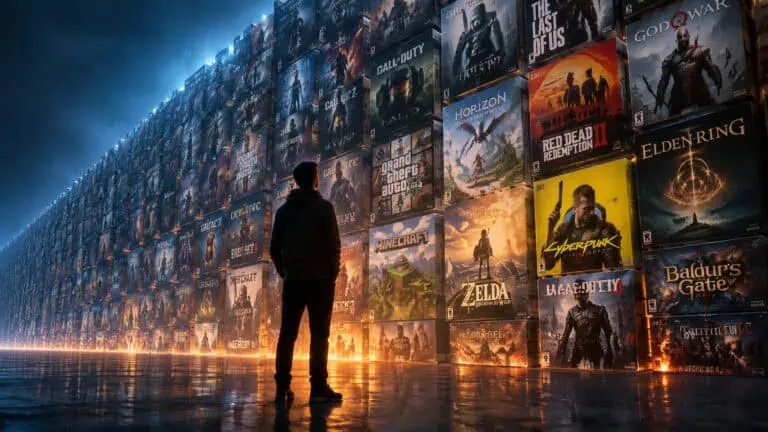 A person standing in front of a large wall of video game covers illuminated by warm lighting, showcasing popular titles like Cyberpunk 2077, Elden Ring, and Zelda.