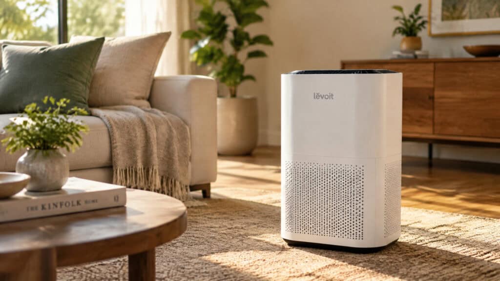 Contemporary white air purifier placed in a cozy living room with natural sunlight, plants, and stylish furniture, promoting clean indoor air.