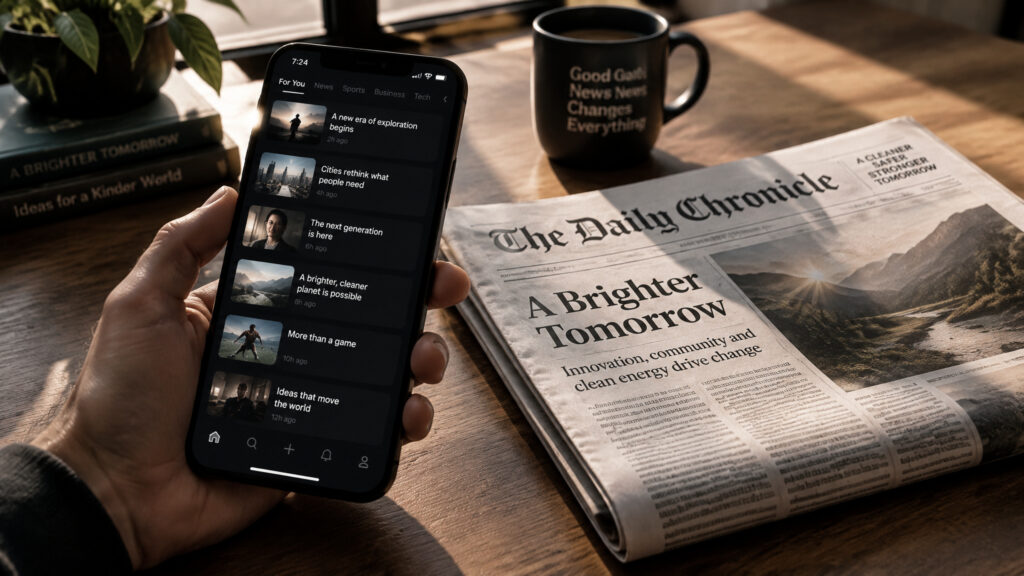 Person holding smartphone displaying news app next to a newspaper on a wooden table with a coffee mug in the background.
