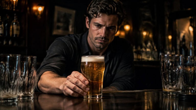 A man with dark hair and a serious expression sitting at a bar, holding a glass of beer, surrounded by empty glasses in a dimly lit pub setting.