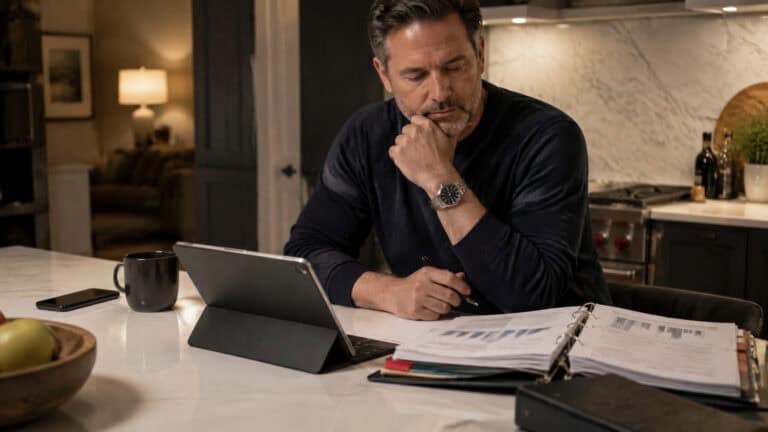 Man sits at kitchen island with tablet and papers, deep in thought, in a modern kitchen setting.