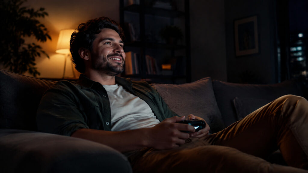 Young man relaxing on sofa, watching TV and holding a remote control in a cozy living room with warm lighting.