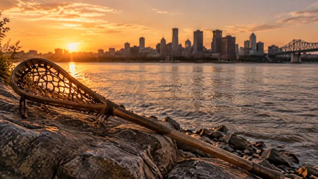 A lacrosse stick resting on rocks by the river at sunset with the New York City skyline in the background.