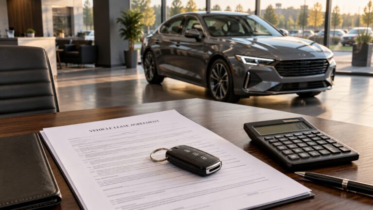 Sleek gray sedan displayed in a bright, modern car dealership with large windows and natural lighting.