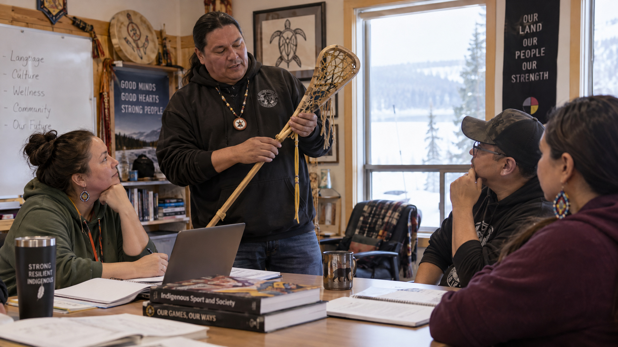 Kanien'kéha language lesson at the Kahnawake Survival School with a lacrosse stick and teacher