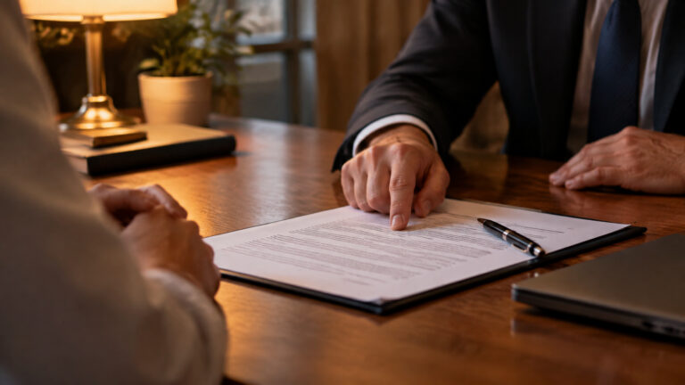 Close-up of two professionals during a business meeting, one signing a contract at a wooden table in a modern office setting.