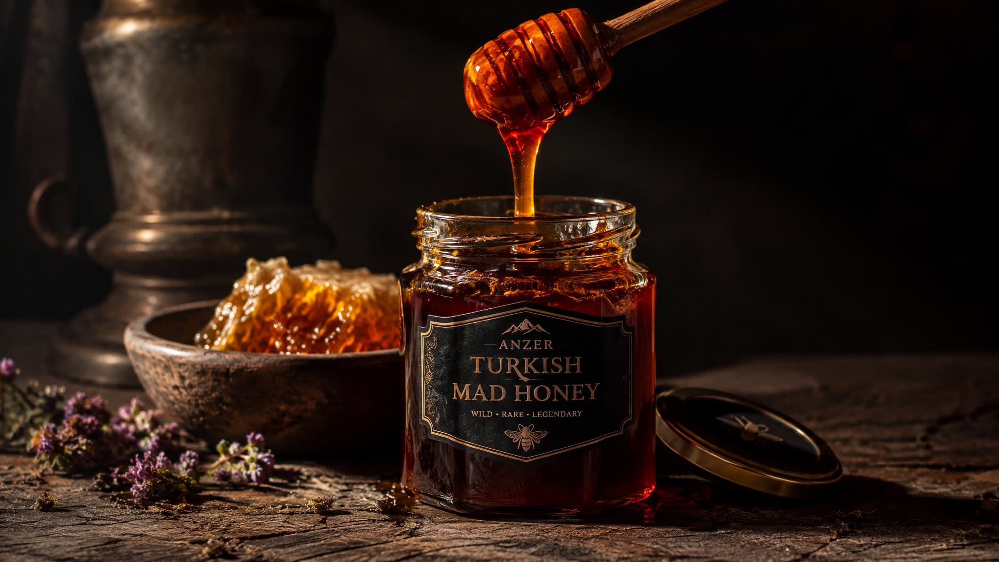 Close-up of a jar of Anzer Turkish Mad Honey with honey dipper, honeycomb, and honey flowers on a rustic wooden surface.