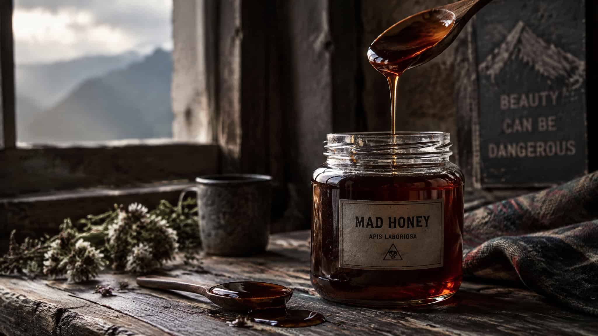 Nepal Himalayan Mad Honey Hunters: The Last Men on the Rope Ladders 4 Close-up of a glass jar labeled 'Mad Honey' with honey dripping from a spoon, set on a rustic wooden table with a scenic mountain view in the background.