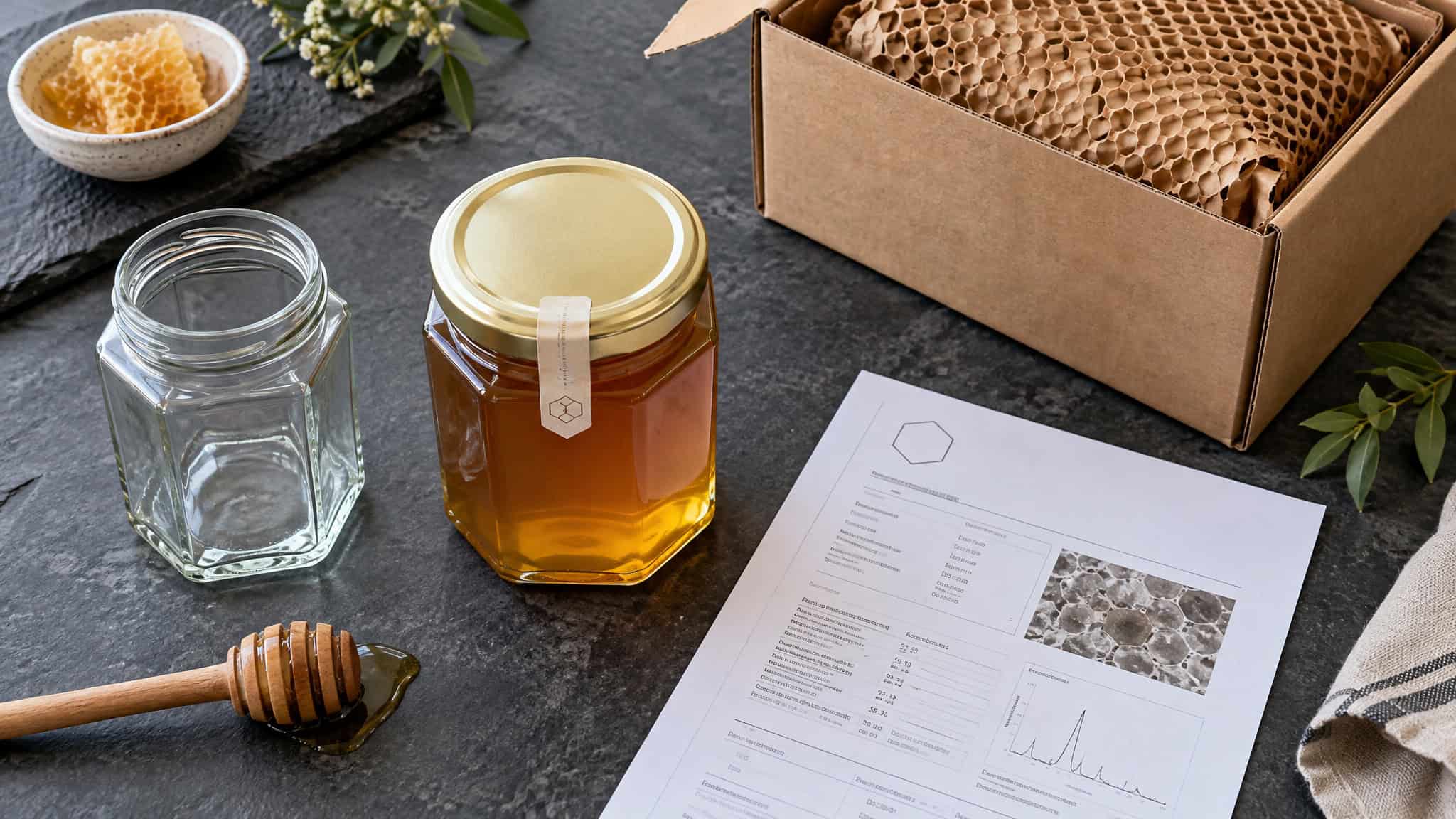 Where to Buy Real Mad Honey: Spotting Fakes Before You Spend $300 a Jar 3 A jar of honey, a honey dipper, a honeycomb in a box, and a document with charts on a dark surface, representing beekeeping and honey production.