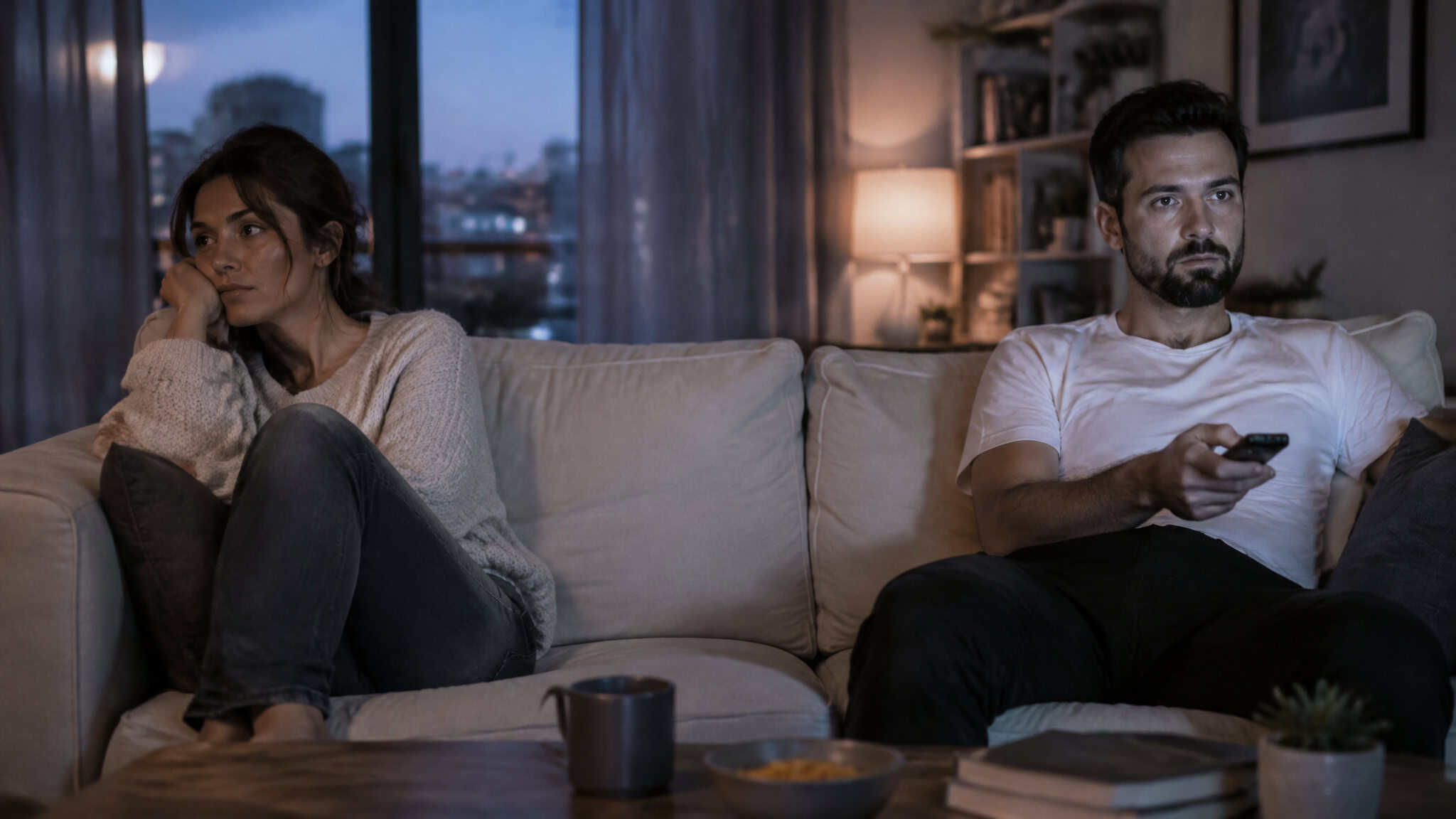 Why Do Men Not Want Relationships Anymore? The Data Says It's Hopelessness, Not Choice 4 Woman emotionally withdrawing from a distracted partner, illustrating mankeeping and women's quiet-quitting in relationships