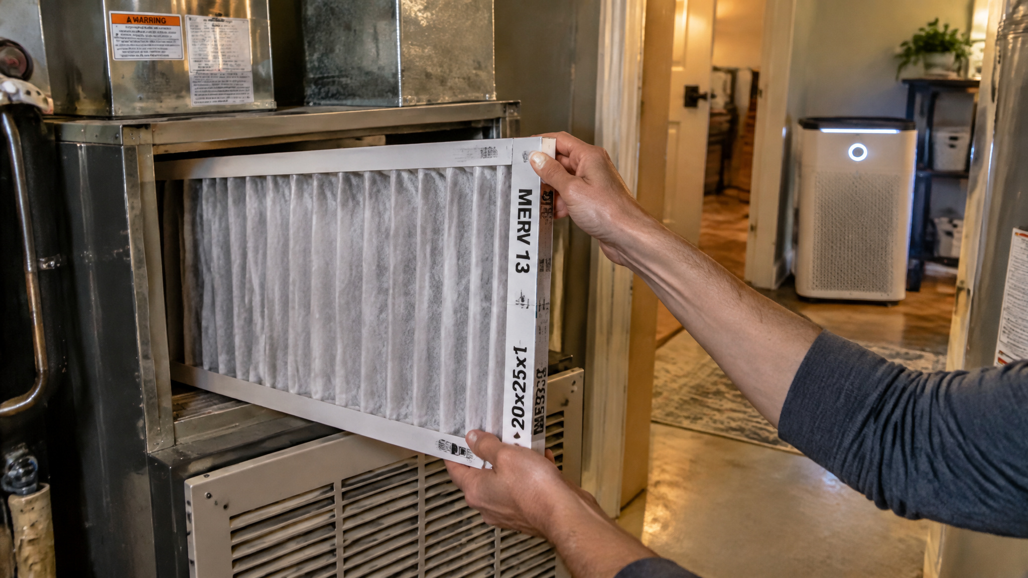 How to Improve Indoor Air Quality at Home — Starting With the Gas Stove Most Guides Ignore 4 Installing a MERV-13 HVAC filter with a properly sized HEPA purifier in the background