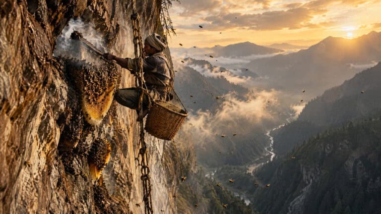 A climber scaling a mountain cliff at sunset, with a basket hanging from their waist, overlooking a scenic valley with mountains and clouds.