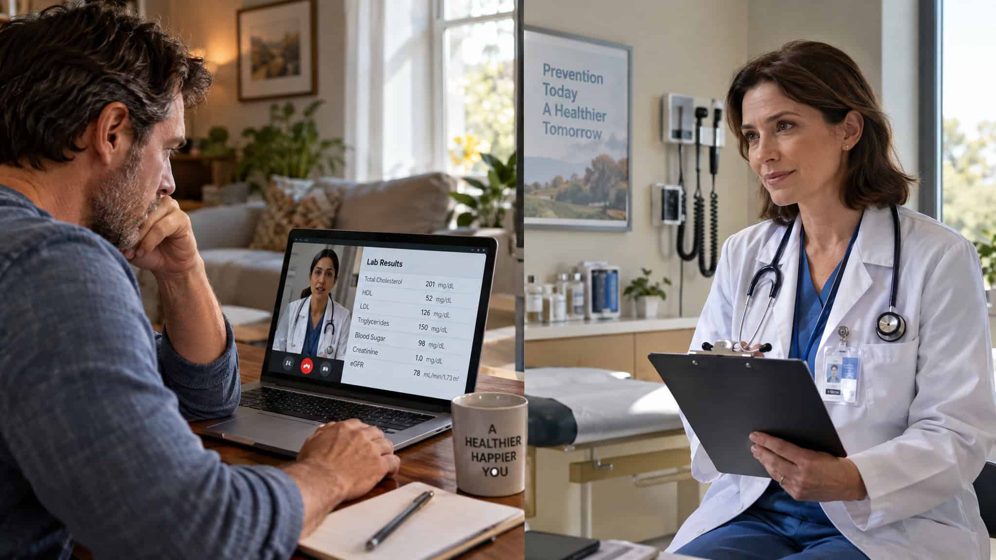 Should Men Take TRT? What the TRAVERSE Trial Actually Settled — and What It Didn't 4 A doctor discussing health results with a patient via telemedicine on a tablet in a modern clinic setting.