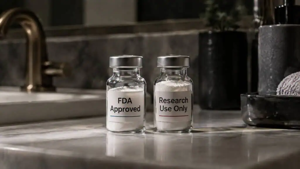 Two glass vials labeled 'FDA Approved' and 'Research Use Only' on a marble countertop, indicating regulated medical or research substances.
