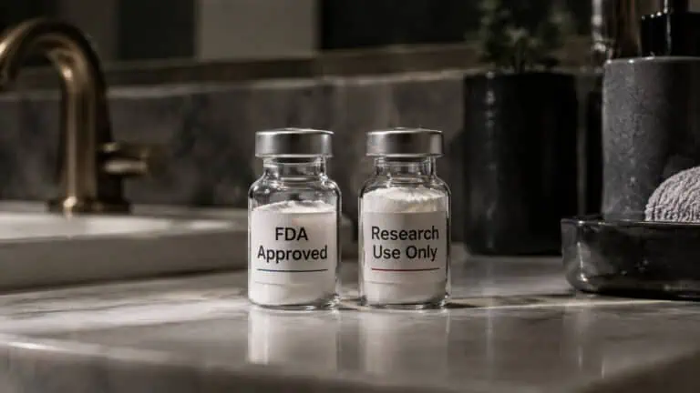 Two glass vials labeled 'FDA Approved' and 'Research Use Only' on a marble countertop, indicating regulated medical or research substances.