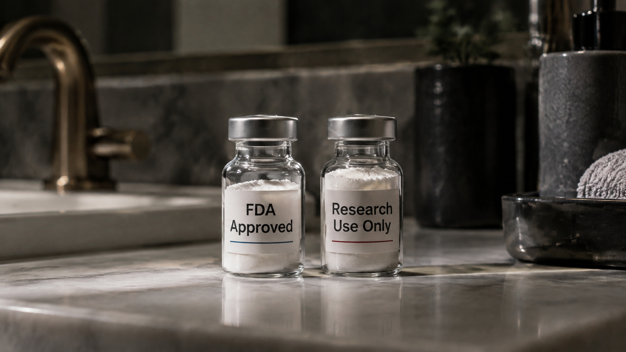 Two glass vials labeled 'FDA Approved' and 'Research Use Only' on a marble countertop, indicating regulated medical or research substances.