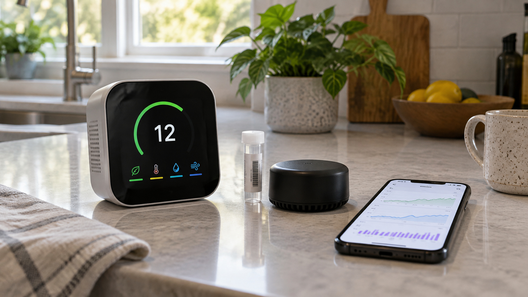 How to Improve Indoor Air Quality at Home — Starting With the Gas Stove Most Guides Ignore 3 Radon test kit, carbon monoxide alarm, and air quality monitor on a home counter
