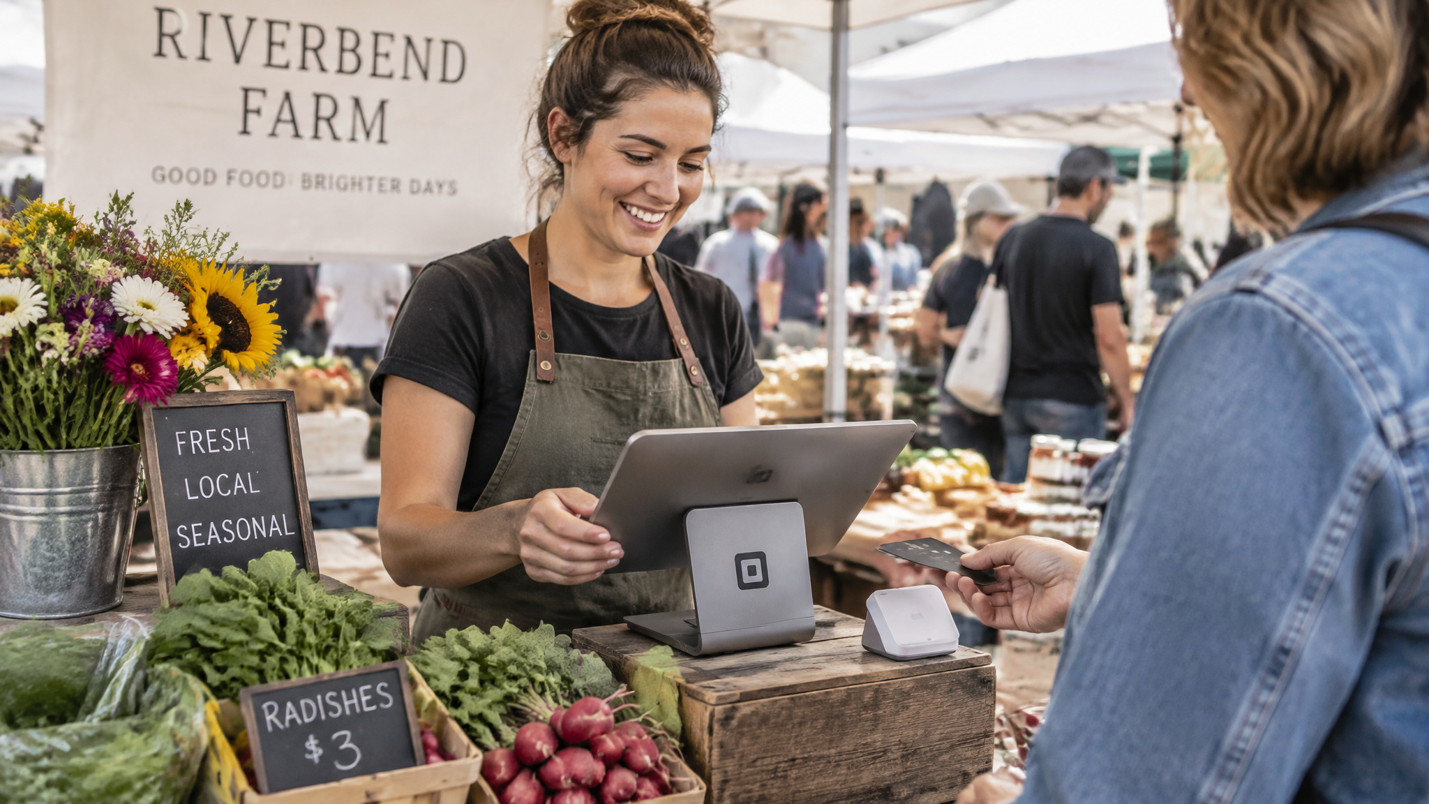 Small business owner accepting payments with a Square Point of Sale system.