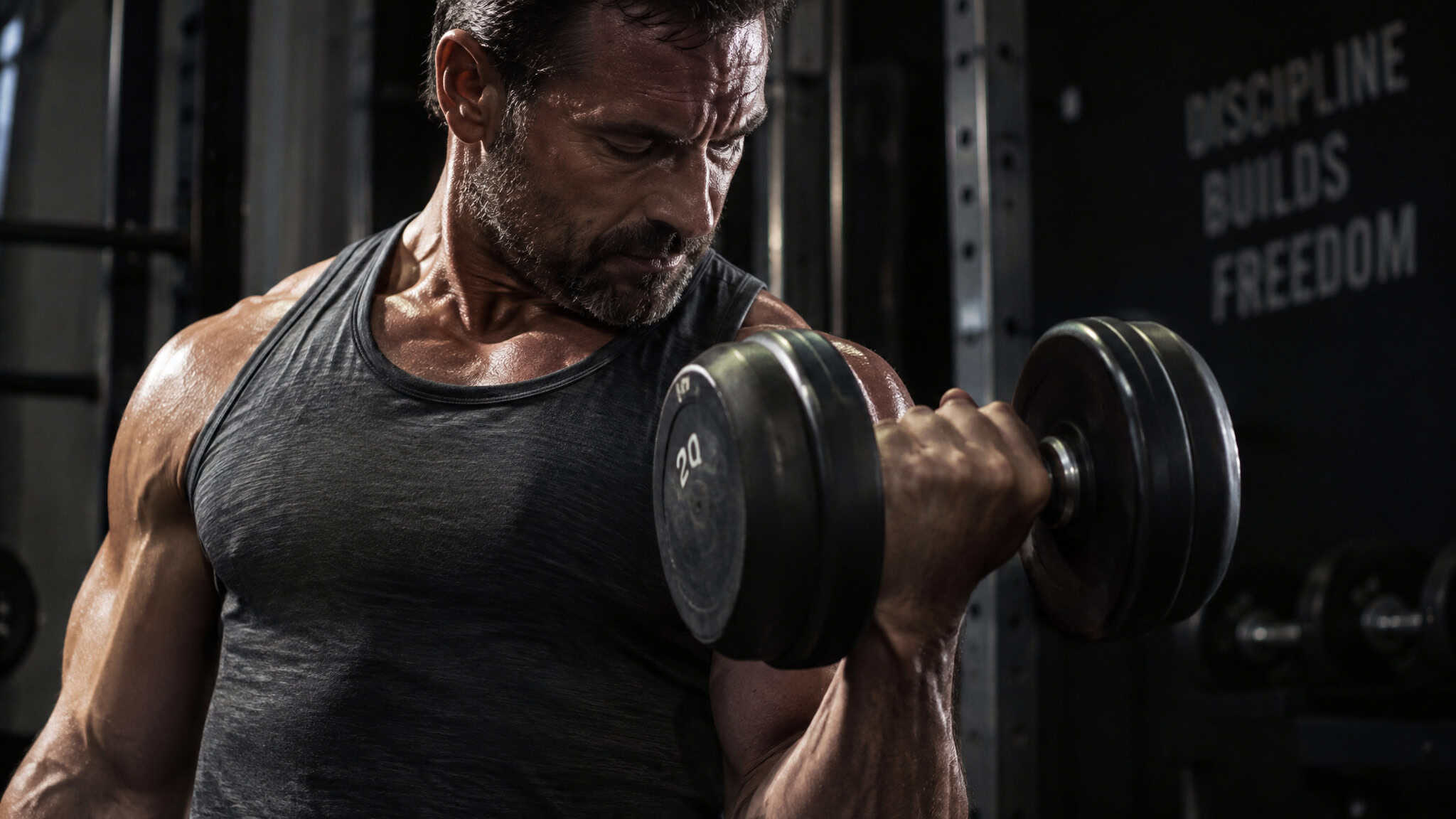 Should a 45 Year Old Man Take Testosterone? What Two Morning Blood Tests Decide 4 Male fitness enthusiast lifting a dumbbell in a gym, showcasing strength and dedication to workout routines.