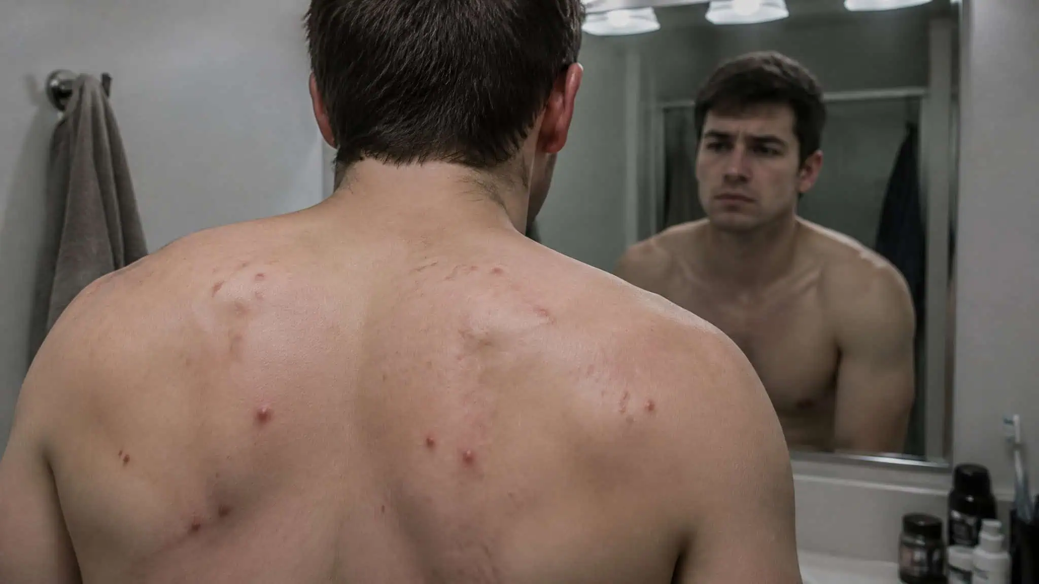 Side Effects of TRT in Males: What the 2023 NEJM Trial Actually Settled 2 Man checking acne breakouts on his back, a common TRT skin side effect