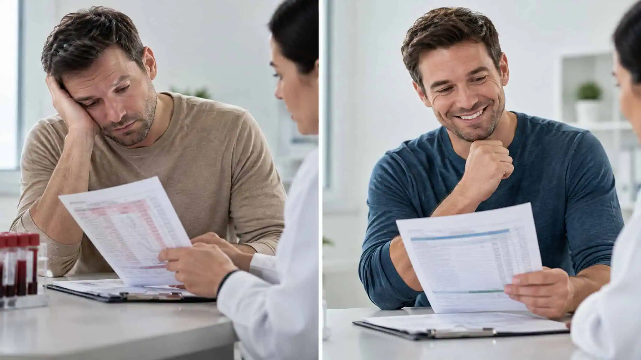 Side Effects of TRT in Males: What the 2023 NEJM Trial Actually Settled 4 A man with a worried expression looking at financial documents during a consultation with a professional in an office setting.