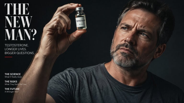 A mature man with a beard holding a small vial labeled 'Testosterone' against a dark background, contemplating the effects of testosterone on aging and health.