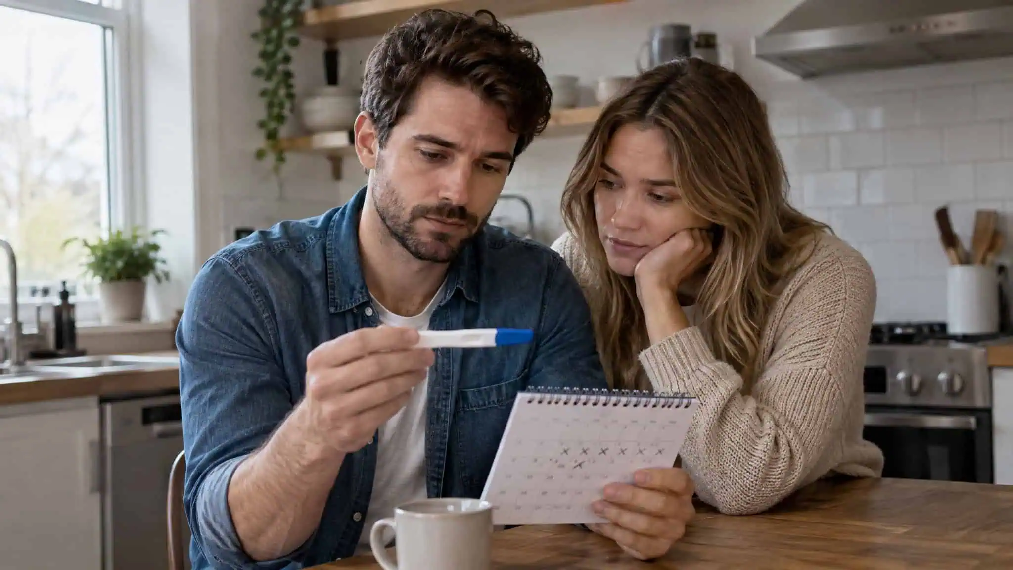 Side Effects of TRT in Males: What the 2023 NEJM Trial Actually Settled 3 A couple in a modern kitchen examining a pregnancy test with concern and anticipation.