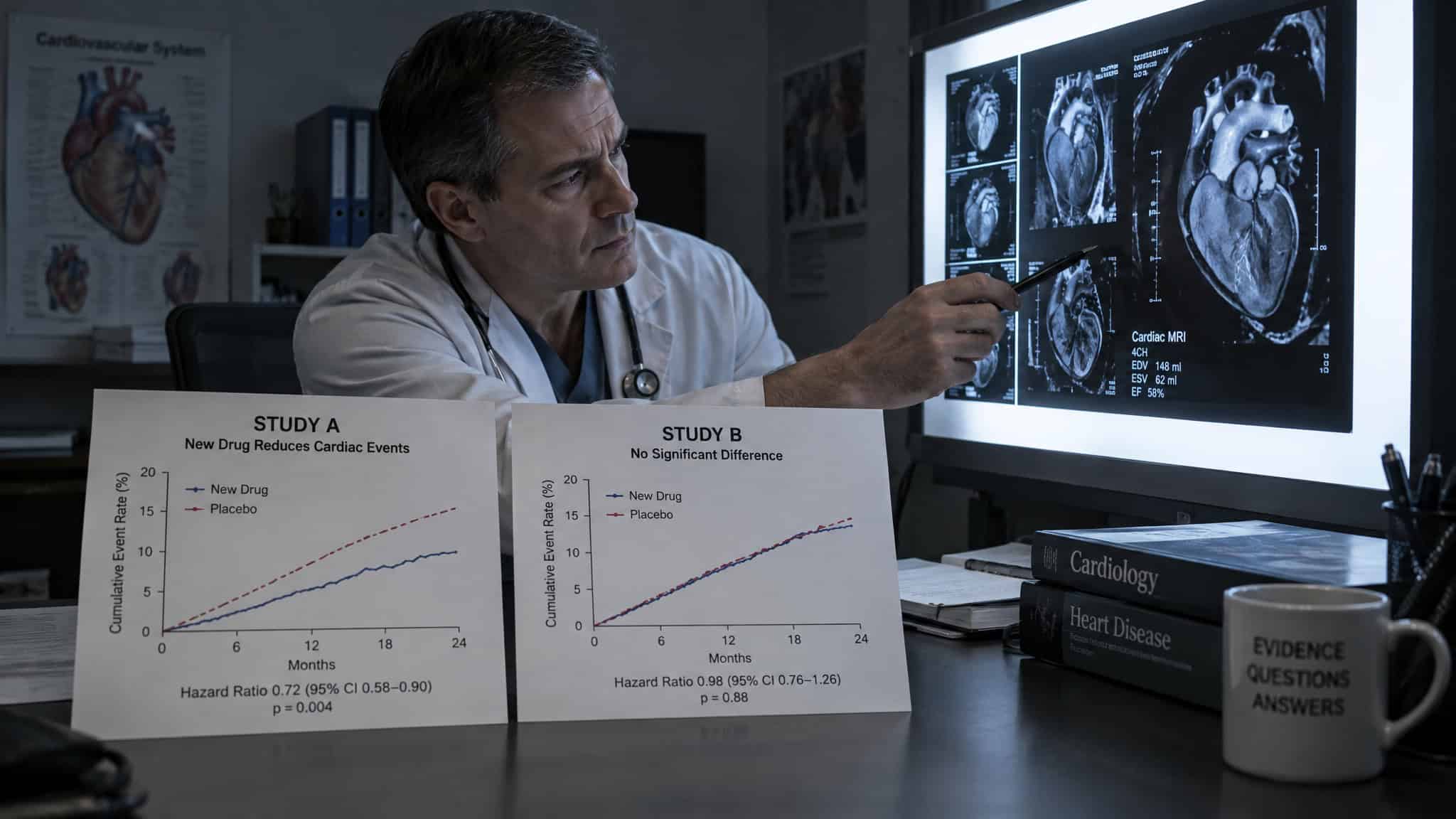 What Are the Cons of TRT for Men? The Downsides the $1.6 Billion Low-T Industry Downplays 2 Cardiologist reviewing heart scan while weighing conflicting TRT heart attack and stroke study evidence