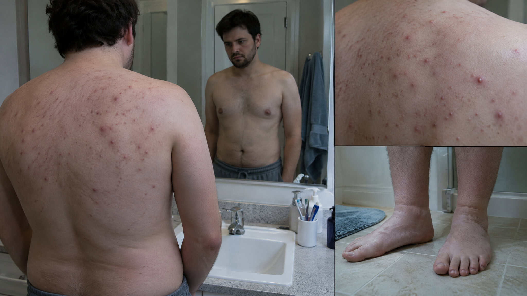 What Are the Cons of TRT for Men? The Downsides the $1.6 Billion Low-T Industry Downplays 3 Man checking TRT side effects like back acne and swollen ankles in a bathroom mirror